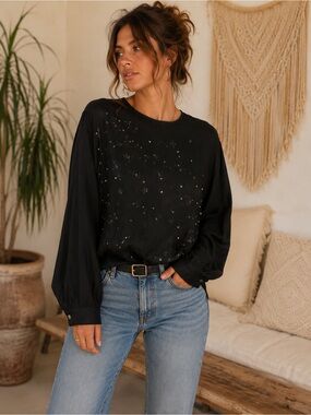 Vintage BASILE Made in Italy Black Silk Beaded Star Blouse Top 44